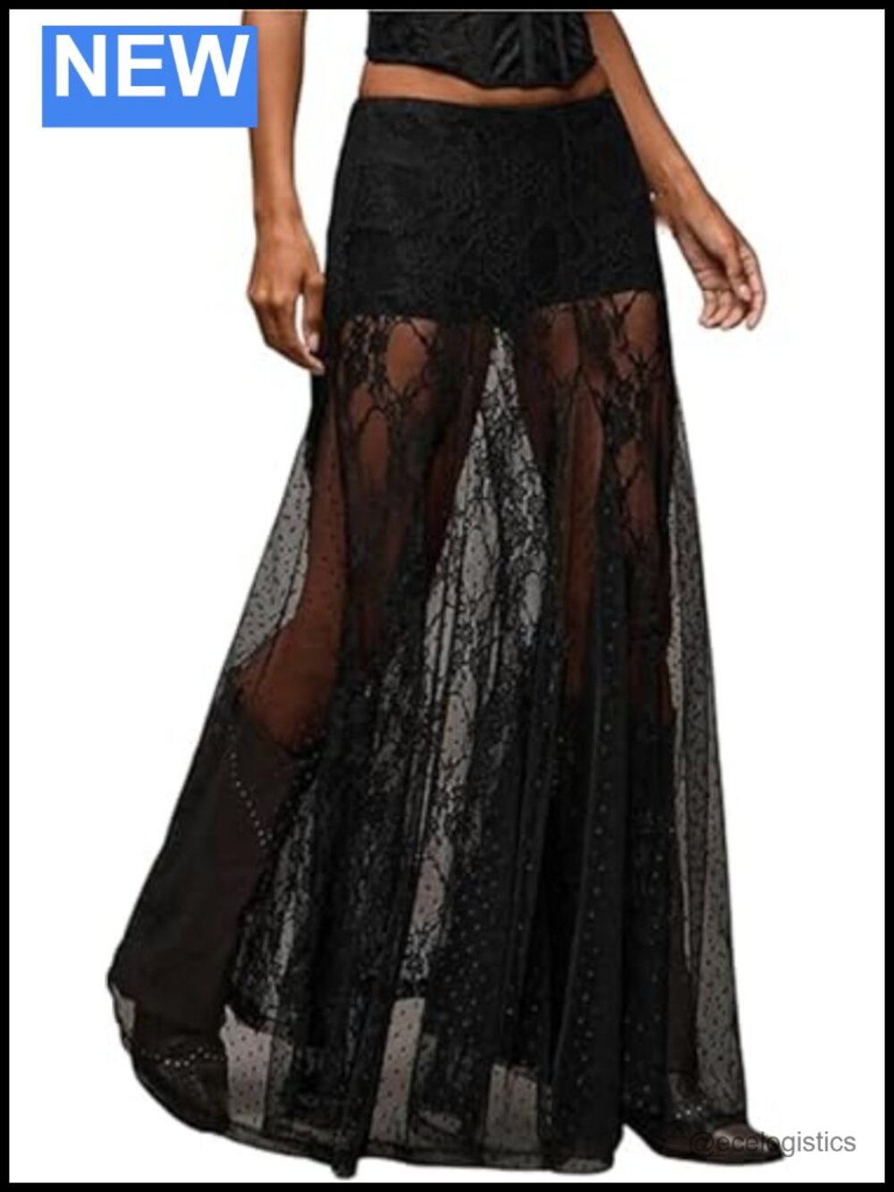Women Lace Sheer Maxi Skirt See Through Low Waist Floral Polka Dots A-Line
